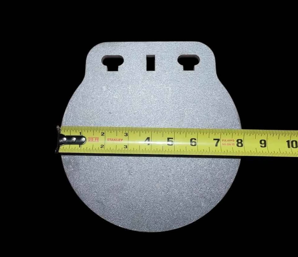 8 inch AR500 steel gong target with triple-hole T-Post slot measured at 8 inches wide