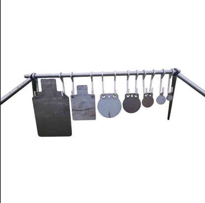 Full shooting target stand setup with AR500 gongs and silhouettes hanging from hooks