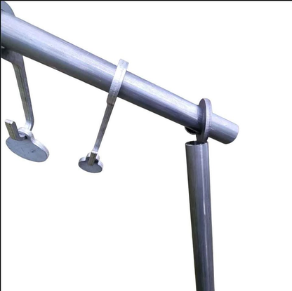 Close-up of AR500 gong hooks on pipe stand with stand end