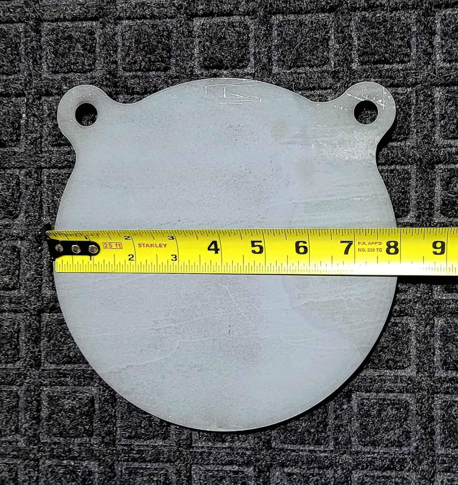 8 inch AR500 steel gong target measured at 8 inches diameter with a tape measure