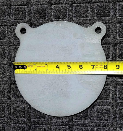 8 inch AR500 steel gong target measured at 8 inches diameter with a tape measure